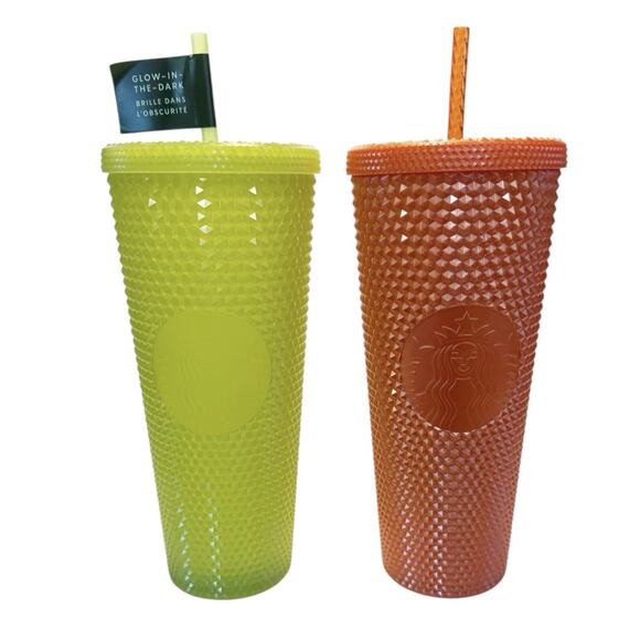 New Starbucks Fall 2022 Orange Bling & Green Glow-in-the-Dark Studded Cold Cups - Picture 1 of 12